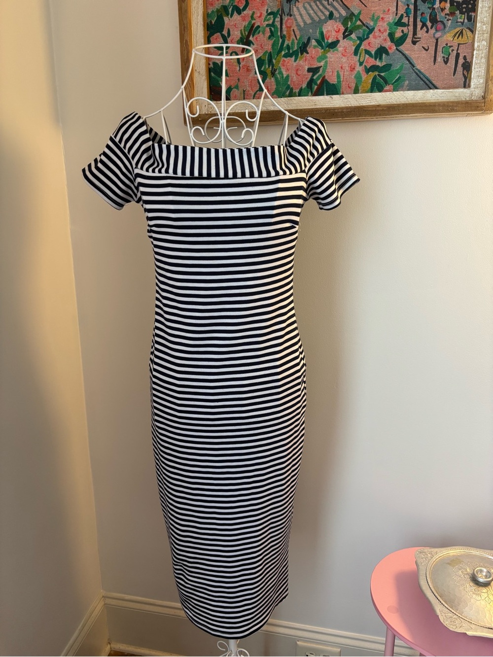 Bettie Page Navy Blue and White Striped Off Shoulder Midi Dress